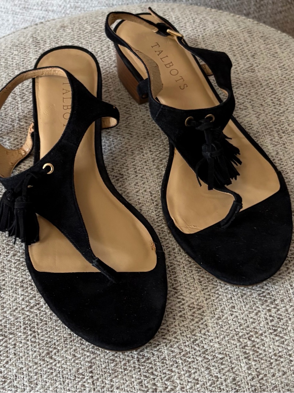 Talbots Black Suede T-Strap Tassel Slingback Sandals
